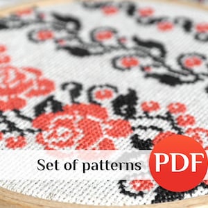 May include: A cross-stitch embroidery project featuring a floral pattern with red roses and black vines on white fabric, secured in a round wooden hoop. The image includes a white banner with the text Set of patterns and a red circle with the text PDF.