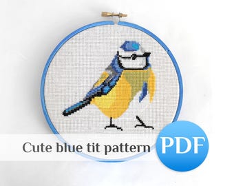 Blue Bird Cross Stitch Pattern Tit, Small Modern Easy X-stitch (PDF)