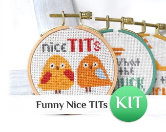 Funny Bird Cross Stitch Kit: Simple Beginner Embroidery, Adult Mini Card, What the Duck, TITs