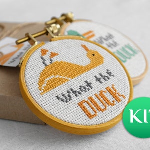 Funny What the Duck cross stitch KIT: Simple Beginner Easy Mini Embroidery for adult joke