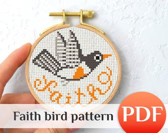 Little Bird Cross Stitch Pattern: Beginner Easy Mini Design PDF, Faith cross-stitch hoop