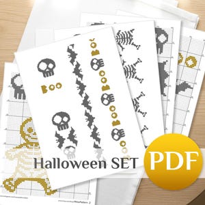 Halloween Skeleton & Bat Cross Stitch Pattern Set (PDF): Fanny Easy x-stitch border for beginners