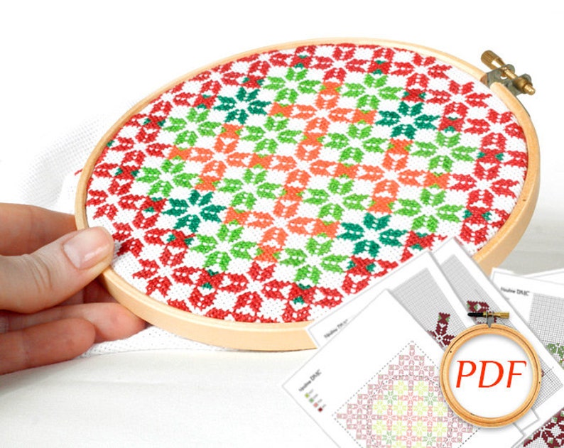 Geometric cross stitch pattern Christmas cross stitch pdf for pillow Hand embroidery pdf Cross stitch flower Modern cross stitch ornament image 2