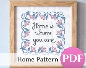 Home Where You Are Cross Stitch Pattern, Vintage Floral Cottagecore Sampler PDF
