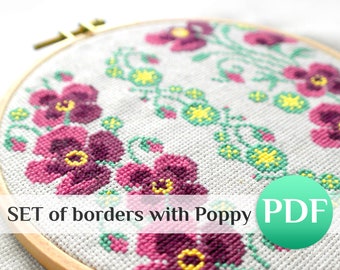 Modern SET 6 borders Poppy cross stitch patterns PDF Floral crossstitch pattern Ukrainian cross stitch border PDF