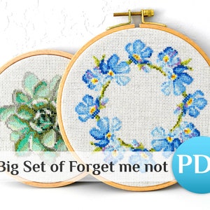 BIG set 7 Forget me not cross stitch pattern PDF Wreath cross stitch borders set for pillow Crossstitch tablecloth