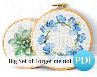 BIG set 7 Forget me not cross stitch pattern PDF Wreath cross stitch borders set for pillow Crossstitch tablecloth