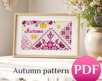 Autumn Quaker Sampler Cross Stitch Pattern PDF: Counted Primitive Fall Decor pumpkins xstitch