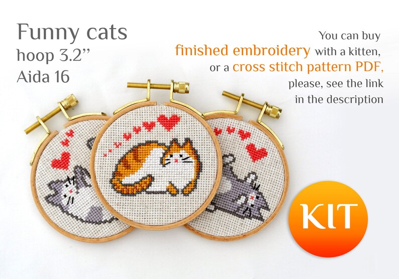 May include: Three small embroidery hoops with cat designs. Each hoop, approximately 3.2 inches (8.1 cm) in diameter, features a different cat in a cross-stitch pattern, with red heart accents. The text "Funny cats" is at the top.
