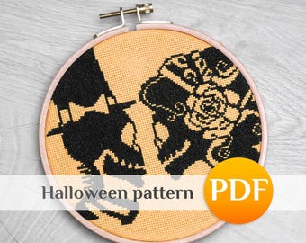 Romantisches Skelett-Kreuzstichmuster (PDF), minimalistisches Halloween-Motiv, Liebespaar-Motiv, modernes, gruseliges Gothic-Kreuzstichdesign