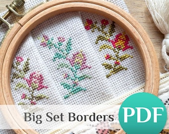 Set Towel Border Cross Stitch Pattern PDF, Tiny Flowers Corners Charts, Floral Borders, Mini Branches, Small Wreaths