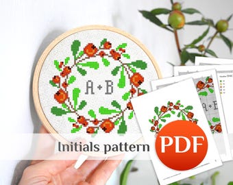 Romantic Initial Cross Stitch Pattern PDF: Red Berry Wreath Easy Monogram Alphabet ornament Love