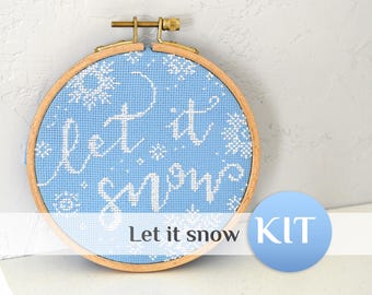 Christmas Let it snow Cross Stitch Kit: Easy winter mini ornament Small Hoop ART