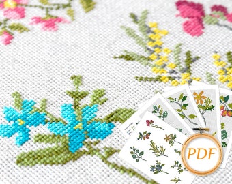 Set 10 Plant cross stitch pattern PDF Floral crossstitch patterns mini Yellow flower crossstitch leaves branch mimosa