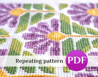 Folk Floral CrossStitch, Seamless Geometric Cross Stitch Pattern, Retro Repeating Chart, Nativity Border PDF