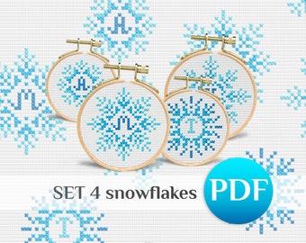 SET 4 mini snowflakes cross stitch Bundle Christmas patterns Monogram ornament cross stitch Initial ornament Cross stitch letters modern