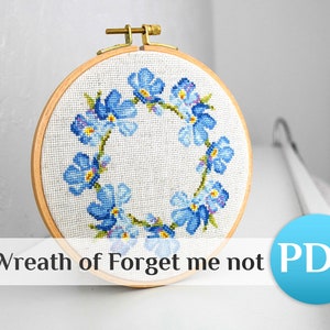 Forget me not Wreath cross stitch for hoop Cute cross stitch pattern floral Blue flowers cross stitch border round