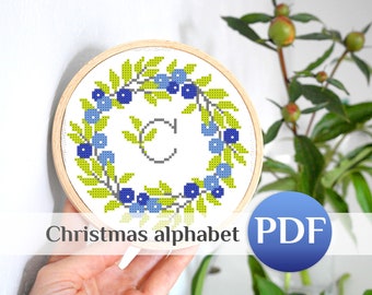 Custom Initial Cross Stitch Pattern PDF: Blue berry Mini wreath Easy monogram Love ornament