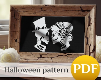 Halloween Skeletons Cross Stitch Pattern: Romantic Love Modern Design (PDF cross-stitch)