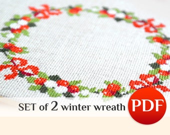 Christmas x-stitch Winter wreath cross stitch pattern Winter cross stitch border Red berries cross stitch pdf