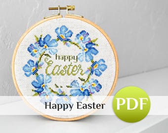 Happy Easter Cross Stitch Pattern PDF: Forget Me Not Wreath XStitch Pattern