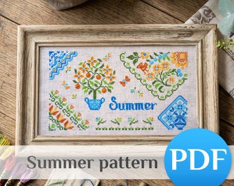 Summer Sampler Cross Stitch Pattern PDF, Citrus Primitive Chart PDF, Fruit Quaker Decor