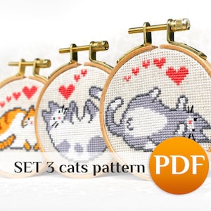 SET 3 Cat cross stitch pattern kitten bundle Mini cross stitch set of pattern Animal cross stitch PDF 4 inch