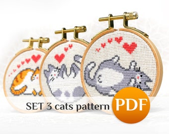 Set Funny Cat Cross Stitch Pattern PDF, Cute Mini Kawaii Kittens, Sassy Pet Art Chart, Love Cats