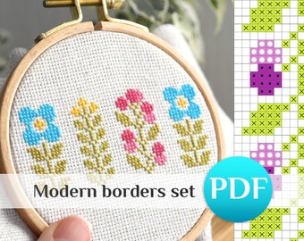 Floral Borders Cross Stitch Pattern: Easy Flower Modern Geometric Set (PDF)