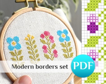 SET modern floral borders cross stitch pattern PDF Geometric cross stitch borders Easy cross stitch pattern