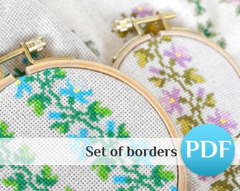 Blue Floral Cross Stitch Border Patterns: Set of 6, 2 color palette (PDF)