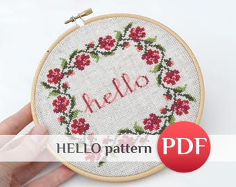 Hello Cross Stitch Pattern PDF: Floral Wreath Ornament Easy mini rose border