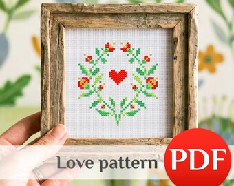 Mini Heart Cross Stitch Pattern PDF, Romantic Small Chart, Floral Wreath Design, Easy Love Xstitch
