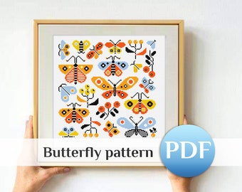 Modern Butterfly Cross Stitch Pattern PDF: Easy Mini Butterfly ornament Folk X-Stitch Beginner-Friendly design