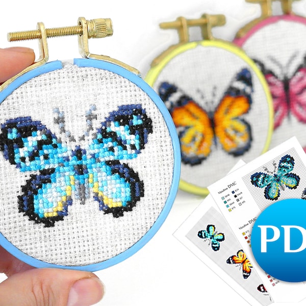 Set 3 PDF butterfly cross stitch pattern PDF Simple cross stitch pattern Mini butterfly crossstitch for beginner Easy crossstitch small