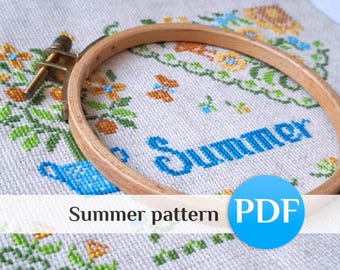 Summer Quaker Sampler Cross Stitch Pattern, Citrus Primitive Chart PDF, Fruit Decor