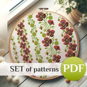 Modern SET 6 borders Poppy cross stitch patterns PDF Floral crossstitch pattern Ukrainian cross stitch border PDF