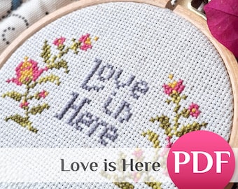 Love is Here Cross Stitch Pattern PDF, Mini Love Chart, Tiny Flowers Wreath Design, Easy Xstitch Hoop