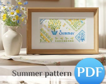 Summer Quaker Sampler Cross Stitch Pattern PDF: Counted Primitive Folwes Decor xstitch