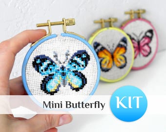Small butterfly cross stitch KIT: Mini cross-stitch for beginner Blue Pink Yellow