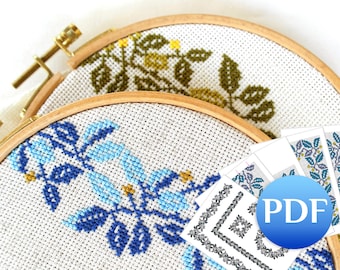 Set borders Leaf cross stitch pattern PDF floral cross stitch border Modern crossstitch pattern for kitchen Botanical cross stitch for towel