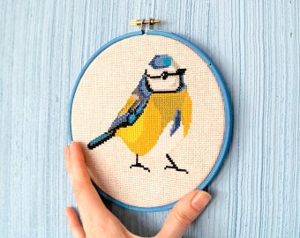 Blue bird gift cross stitch tit hoop art Finished cross stitch completed