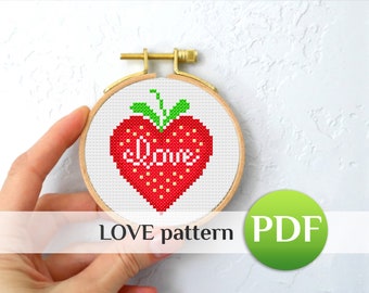 Strawberry Love Cross Stitch Pattern PDF: Mini Valentine's Day Romantic Design I love you
