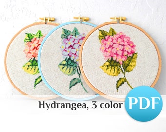 Set 3 pdf Flower cross stitch pattern Hydrangea cross stitch PDF Floral cross stitch botanical pattern Nature cross stitch for hoop art
