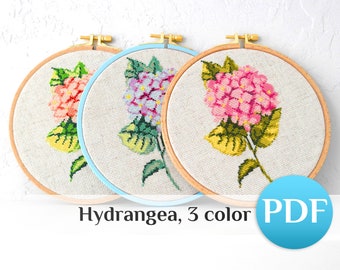Hydrangea Cross Stitch Pattern Set 3: Floral Embroidery Botanical flower Hoop Art (PDF)