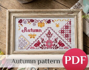 Autumn Pumpkin Cross Stitch Pattern PDF, Vintage Sampler Pumpkin PDF, Quaker Fall Floral Chart, Botanical Harvest Decor