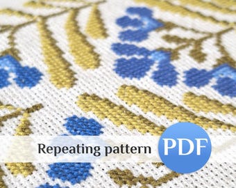 Blue Flowers Cross Stitch Pattern, Repeating Border PDF, Seamless Frame Chart