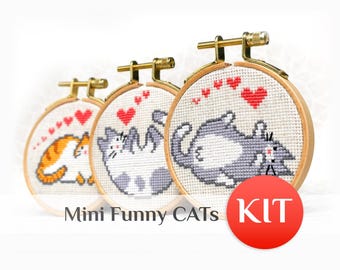 Borduurpakket grappige kat: eenvoudig mini liefdesornament voor beginners - eenvoudig kittenontwerp
