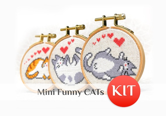 Funny Cat Cross Stitch Kit: Simple Beginner Mini Love Ornament - Easy Kitten Design