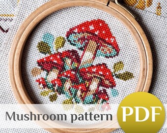 Mini Mushroom Cross Stitch Pattern, Whimsical Amanita Family Hoop Art (PDF)